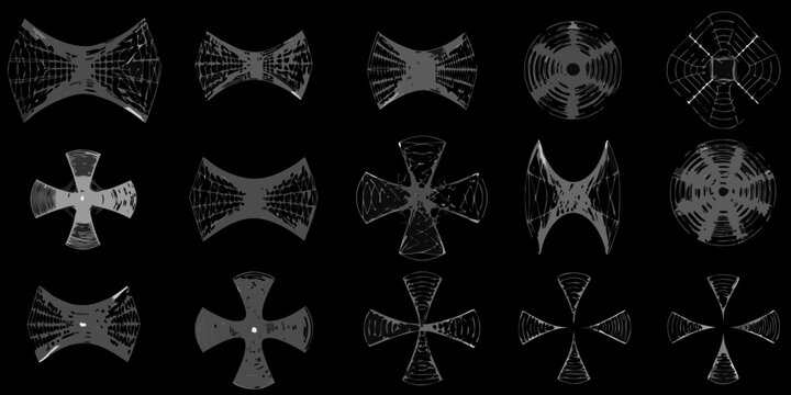 Arrangement of intricate symmetrical diatom frustules on a black background