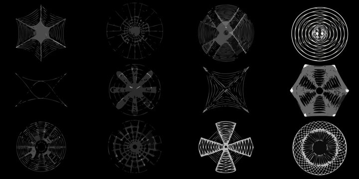 Abstract geometric patterns resembling diatoms on a black background