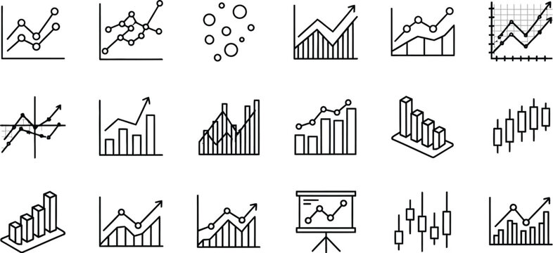 Diagrams and charts collection features linear black and white icons for academic research and professional data presentation.
