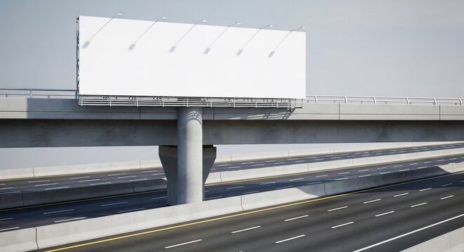 Blank white billboard mockup on modern highway overpass above an empty asphalt multi-lane freeway road