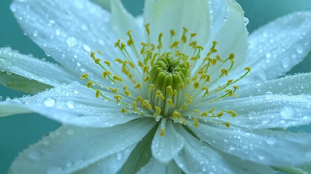 Closeup of a white flower with dew