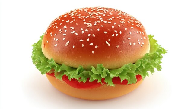Savory hamburger with sesame seed bun rests against a bright white background