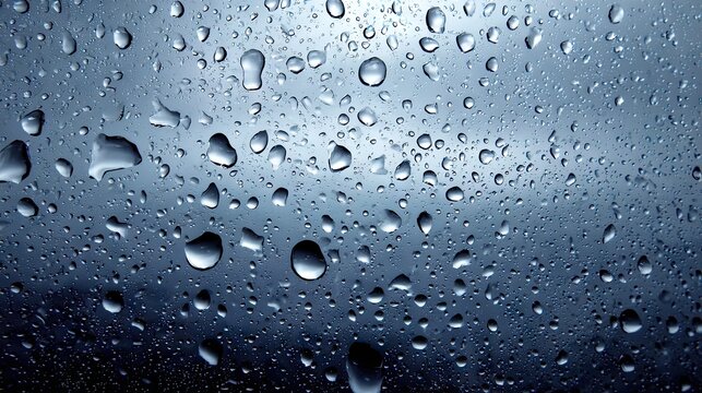 Numerous liquid droplets cling to a smooth surface under dim light conditions