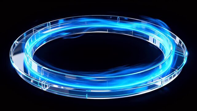 Transparent ring device with flowing blue light effects on dark background