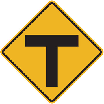 Yellow Diamond Warning Sign, T Intersection