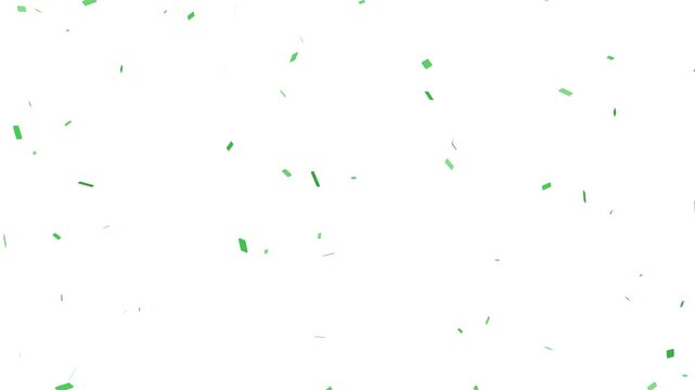 Green confetti falling on white background celebration animation. green paper flakes raining down for party and success.