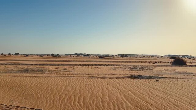 Wide sandy plain and desert shrubs seen from moving car window
