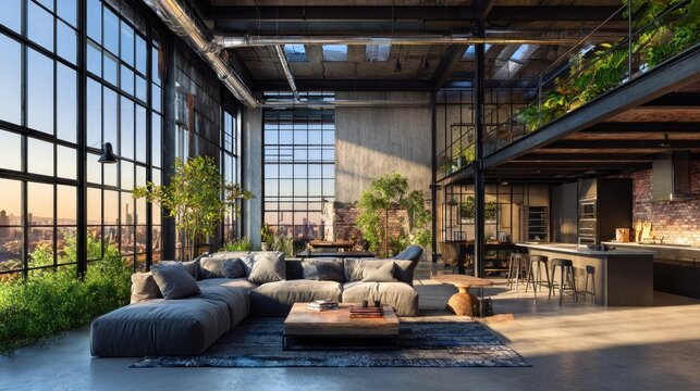 Expansive industrial style loft interior features vast window walls overlooking an urban cityscape at sunset