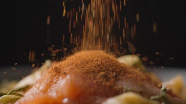 Close-up shot of spices being sprinkled onto food, creating a mouthwatering culinary experience