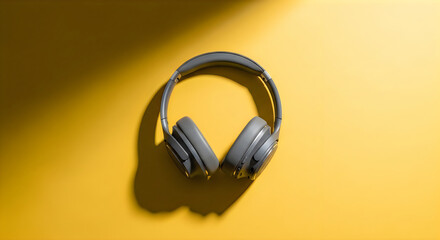 Naklejka premium Overhead view of grey headphones on a yellow background with shadow.