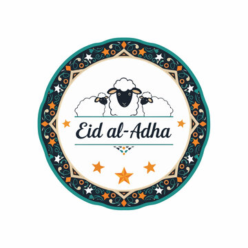illustration of Decorative Eid al-Adha badge with sheep and stars
