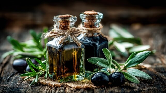 Two rustic glass bottles containing dark liquids sit surrounded by fresh herbs and ripe fruit on a weathered wooden surface.