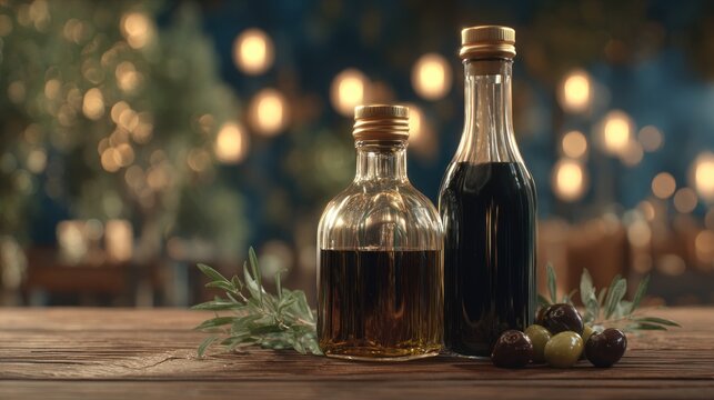 Two distinct glass bottles containing cooking liquids stand on a rustic wooden surface with garnishes in a softly lit environment