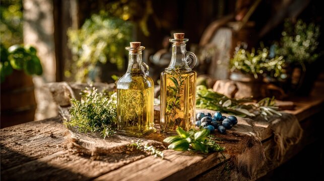 Two glass cruets filled with golden liquid stand next to fresh herbs and dark berries on a rustic wooden surface.