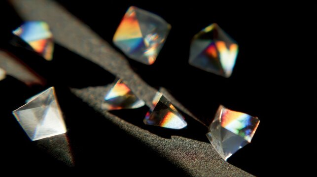 Multiple crystalline objects refract sunlight producing vivid spectrums against a dark background