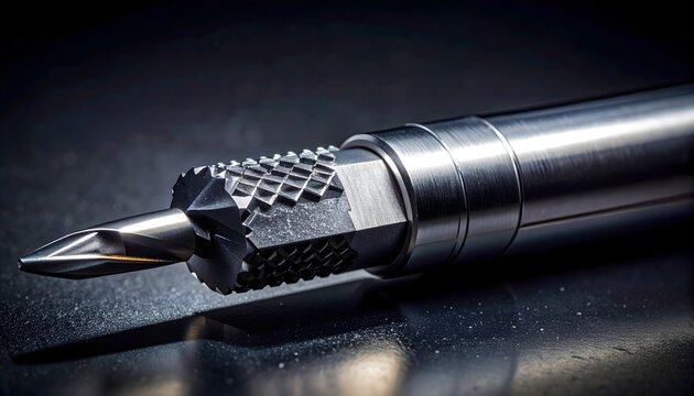 Macro view of PDC drill bit cutter for oil and gas industry on dark background with copy space
