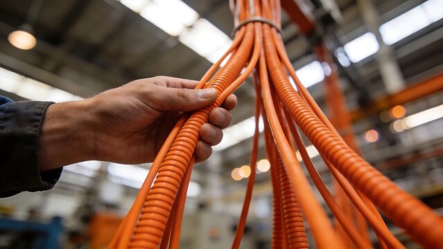 Hand holding orange cables in factory