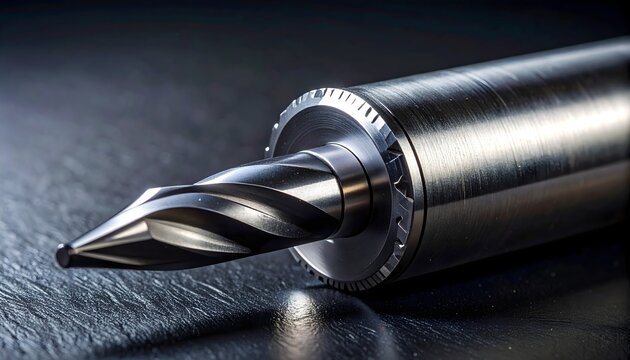 Macro view of PDC drill bit cutter for oil and gas industry on dark background with copy space