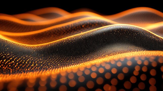 Abstract orange wave pattern with dots, dark background, rendered 3D art wallpaper with modern