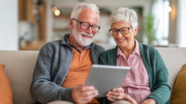 An elderly couple sits on a sofa sharing a moment while using a digital tablet in a cozy living room with soft lighting