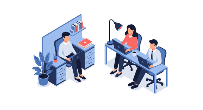 Two individuals and a pair diligently work at their desks in an isometric office.