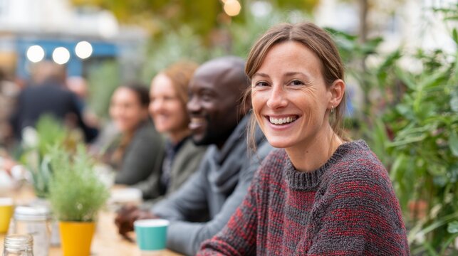 A group of friends enjoys drinks at a cafe table while laughing and relaxing in a bright outdoor space filled with greenery