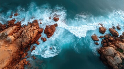 Obraz premium Aerial View of Turquoise Waves Crashing Against Rocky Shoreline with Dramatic Textures and Patterns in a Serene Coastal Landscape Scene