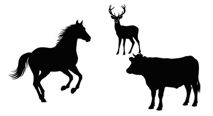 Obraz premium Black silhouettes of horse deer cow.