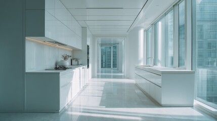 Fototapeta premium Modern Minimalist Kitchen with Large Windows and Bright Natural Light in a Contemporary Urban Setting