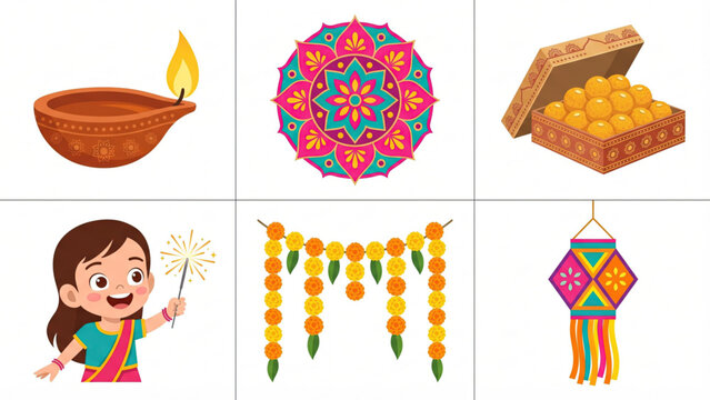 Diwali Decoration Rangoli Garland and Candle Elements