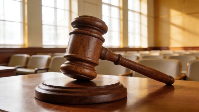 Wooden gavel on table in courtroom