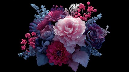 Obraz premium Wedding bouquet with flowers, flat design, top view, 3D render, Triadic color scheme, elegant and spooky arrangement.
