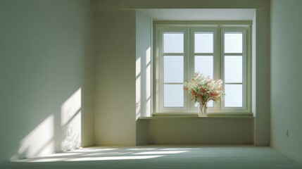 Fototapeta premium Bright and Serene Interior Space with Window and Vase of Flowers Creating an Inviting Atmosphere for Home or Office Decoration