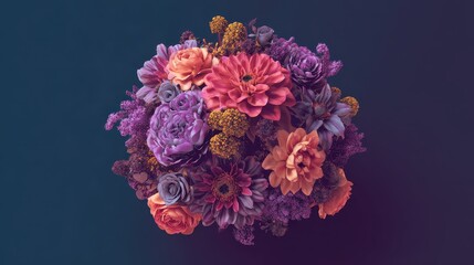 Obraz premium Wedding bouquet with flowers, flat design, top view, 3D render, Triadic color scheme, elegant and spooky arrangement.