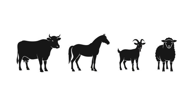 Silhouettes of farm animals standing together.