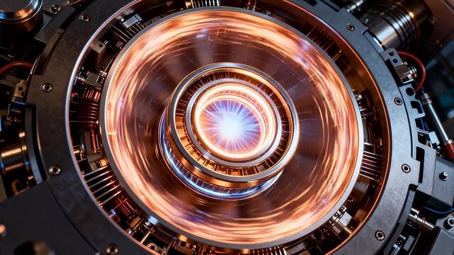 Circular nuclear fusion device with glowing core and metal coils