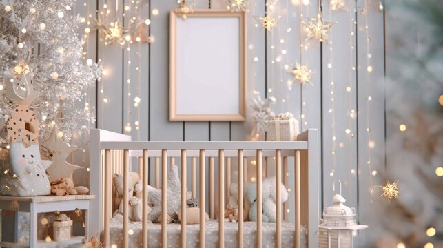 Festive nursery setting features an empty picture frame above a wooden baby crib decorated with holiday lighting.