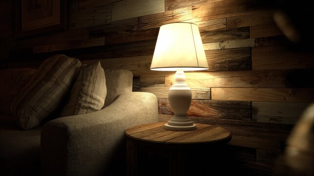 Illuminated table lamp casts warm light beside a textured sofa against a rustic wooden wall