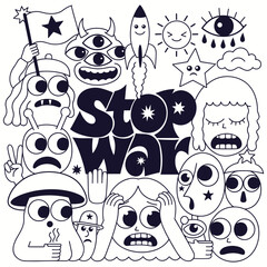 Obraz premium Hand Drawn Y2K Anti War Stop War Peace Slogans Vinyl Record Character and Hippie Skull for Streetwear Stickers