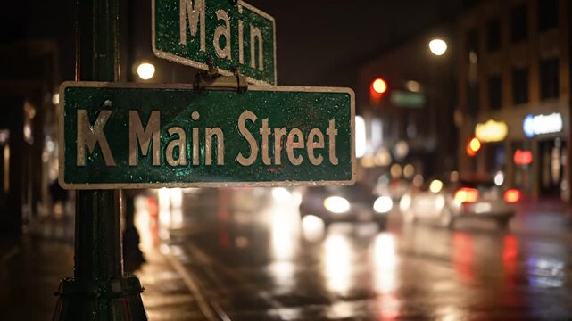 K Main Street sign on wet city road at night