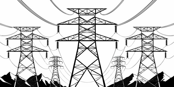 High voltage electrical power lines and transmission towers illustration with electricity transmission infrastructure distribution engineering silhouette technological electrical background