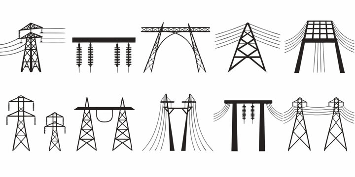 Set of ten high voltage electrical power transmission tower icons with electricity transmission electric infrastructure industrial silhouette elements distribution technology construction
