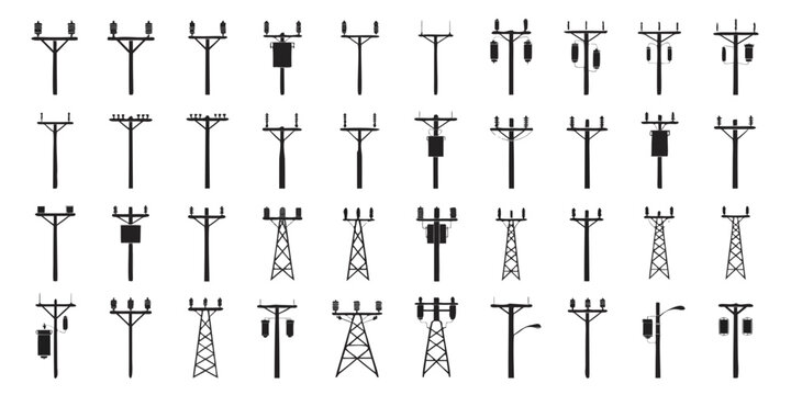 Comprehensive collection of electrical transmission pylon and utility pole silhouettes with electricity transmission silhouette infrastructure electrical distribution transformer industrial