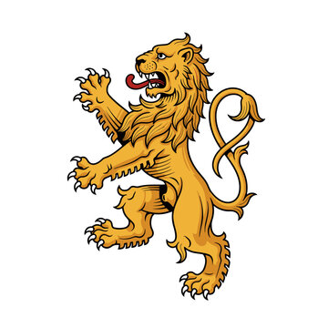 Golden heraldic lion rampant with red tongue
