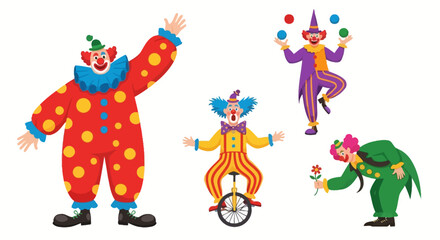 Circus clowns performing juggling, unicycling, and presenting flowers, vibrant costumes © Diplomat