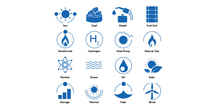 Set of blue energy source icons for sustainable power with renewable sustainability electricity resources environment technology geothermal industry graphics generation solutions electrical