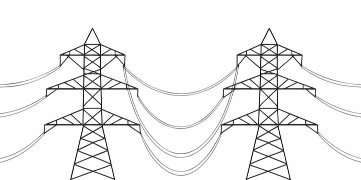 Black and white line art of two high voltage electrical transmission towers with electricity transmission infrastructure electrical engineering industrial distribution structure technology