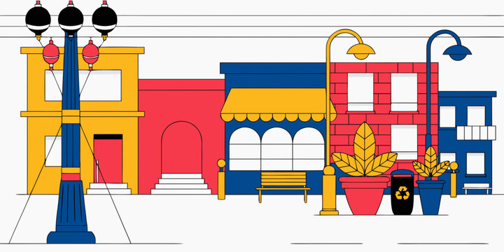 Flat vector illustration of urban cityscape with colorful buildings flower pots and recycling bin cityscape buildings architecture illustration recycling environment sustainability minimalist