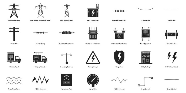 Comprehensive electrical engineering and power distribution symbol collection with three phase electricity engineering distribution transmission substation transformer electrical infrastructur