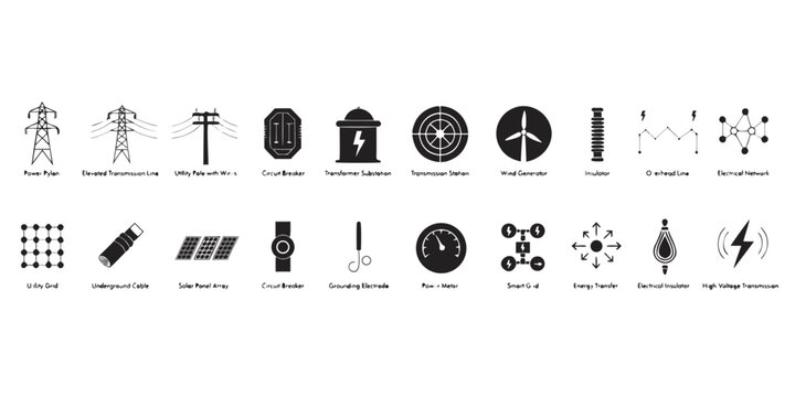 Modern smart grid and electrical power energy network icon set with electricity transmission infrastructure distribution transformer substation technical components electrical technology